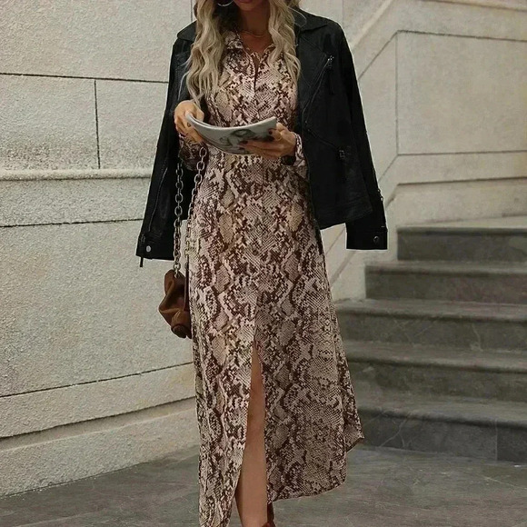 Multicolor Casual Womens Snakeskin Print Button Front Shirt Dress - Picture 3 of 5